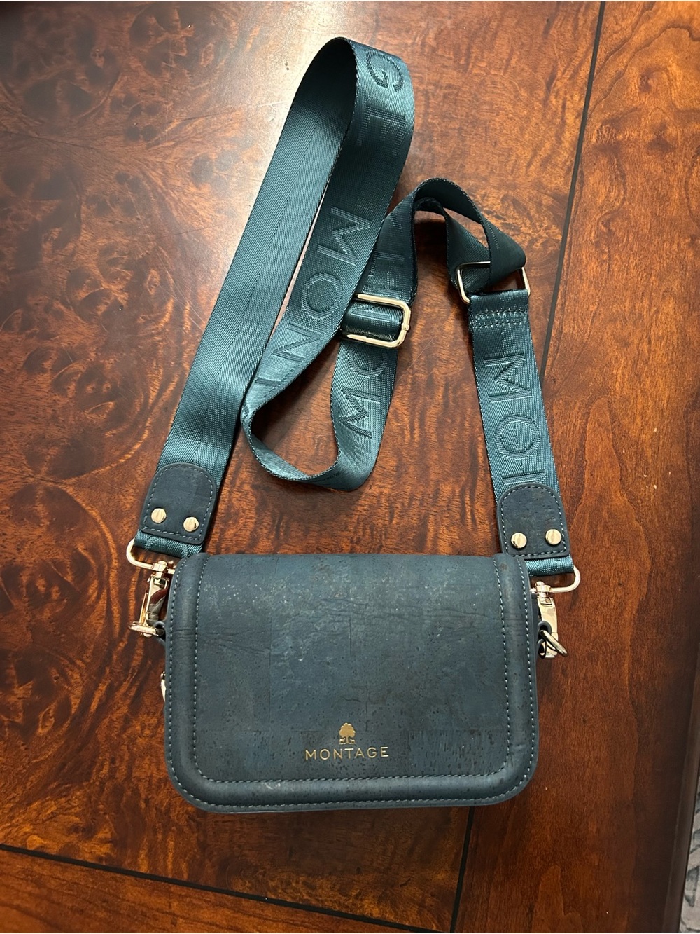 Montage Crossbody Bag, Vegan Cork Leather, Teal Green/Pink Lining/Gold Accent